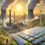 Overview of East Africa's renewable energy projects, featuring solar panels, wind turbines, and geothermal plants with a sustainable future focus.