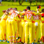 Uganda and Tanzania U-19 cricket teams in action during the Easter Series Finals, highlighting youth cricket in East Africa.