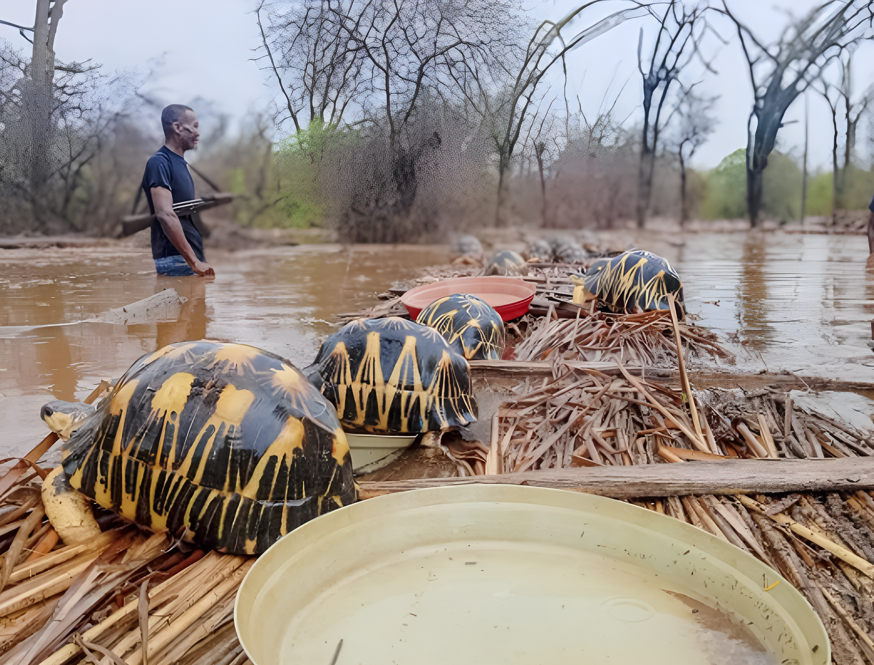 Endangered tortoises rescued in Madagascar after floods threaten their survival.