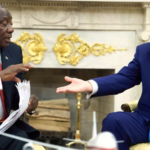 President Trump in the Oval Office mid-discussion with President Ramaphosa during a tense exchange.