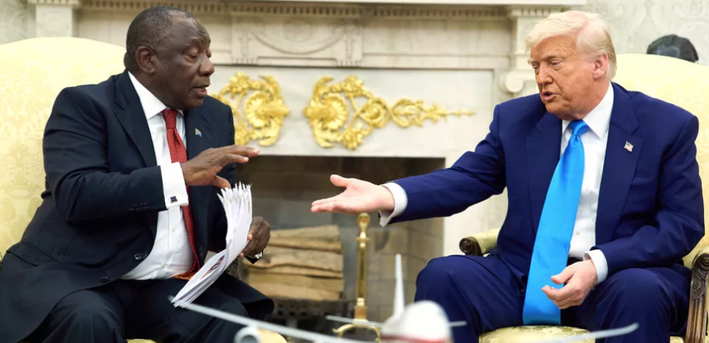President Trump in the Oval Office mid-discussion with President Ramaphosa during a tense exchange.