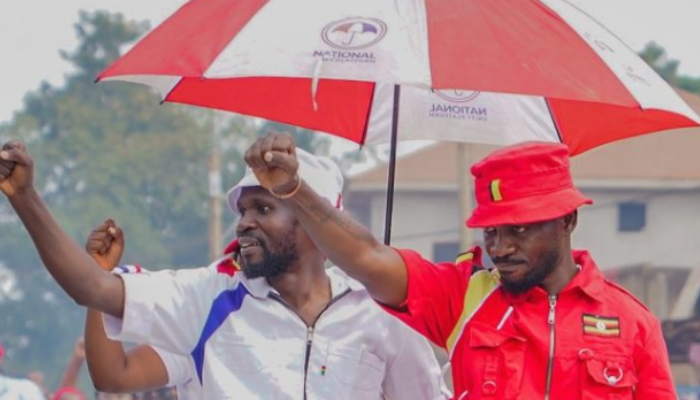 Bobi Wine campaigning with NUP candidate Nalukoola during the March 2025 Kawempe by-election, a key moment in NUP's ongoing political efforts.