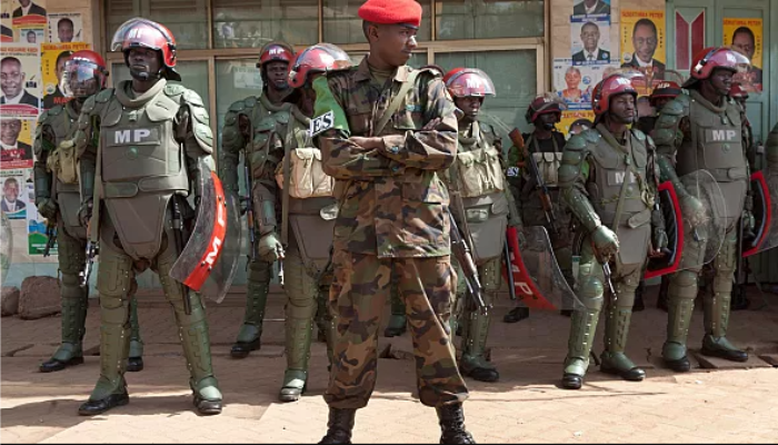 Ugandan military police on duty during a protest in Kampala.
