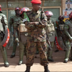 Ugandan military police on duty during a protest in Kampala.