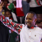 Kenyan activist Boniface Mwangi announcing his 2027 presidential run during a press event in Nairobi.