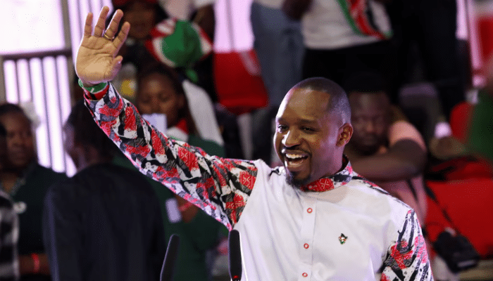 Kenyan activist Boniface Mwangi announcing his 2027 presidential run during a press event in Nairobi.
