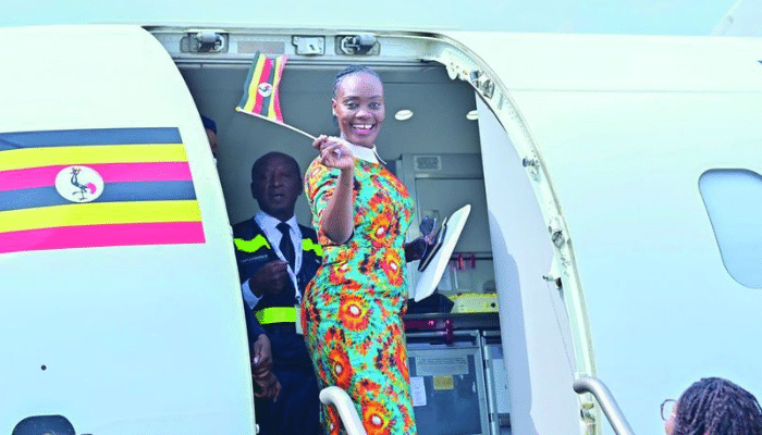 Uganda Airlines aircraft on the runway amid growing losses in 2024/25.