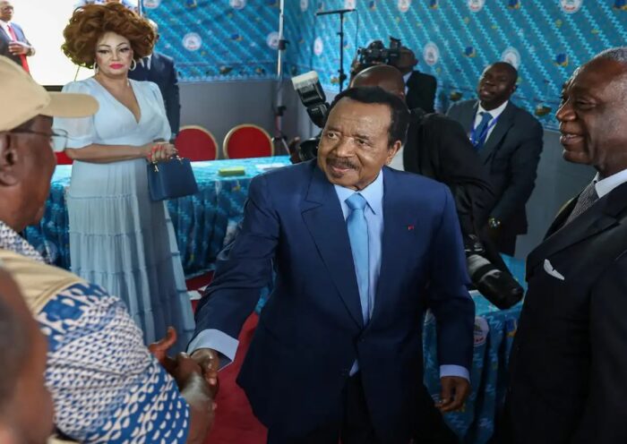 Cameroonian President Paul Biya, 92, casting his vote during the 2025 presidential election in Yaoundé, Cameroon.