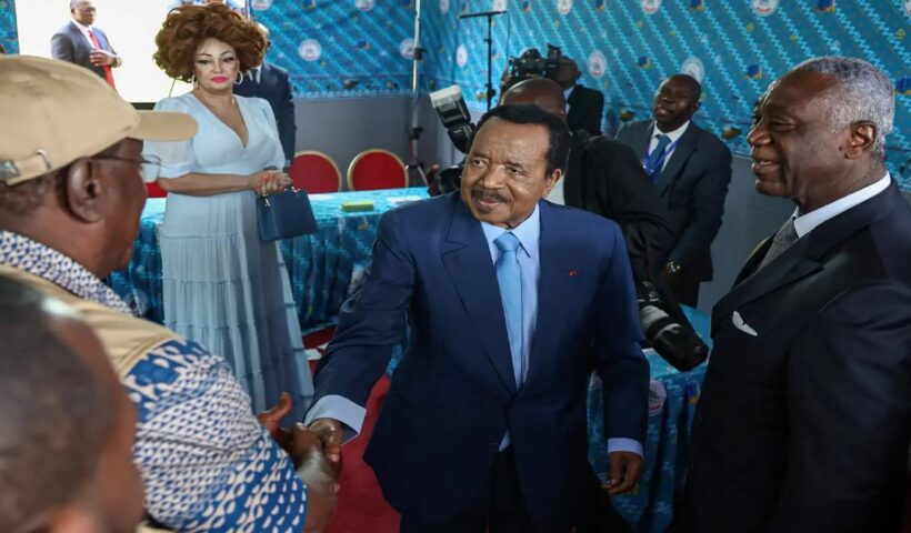 Cameroonian President Paul Biya, 92, casting his vote during the 2025 presidential election in Yaoundé, Cameroon.