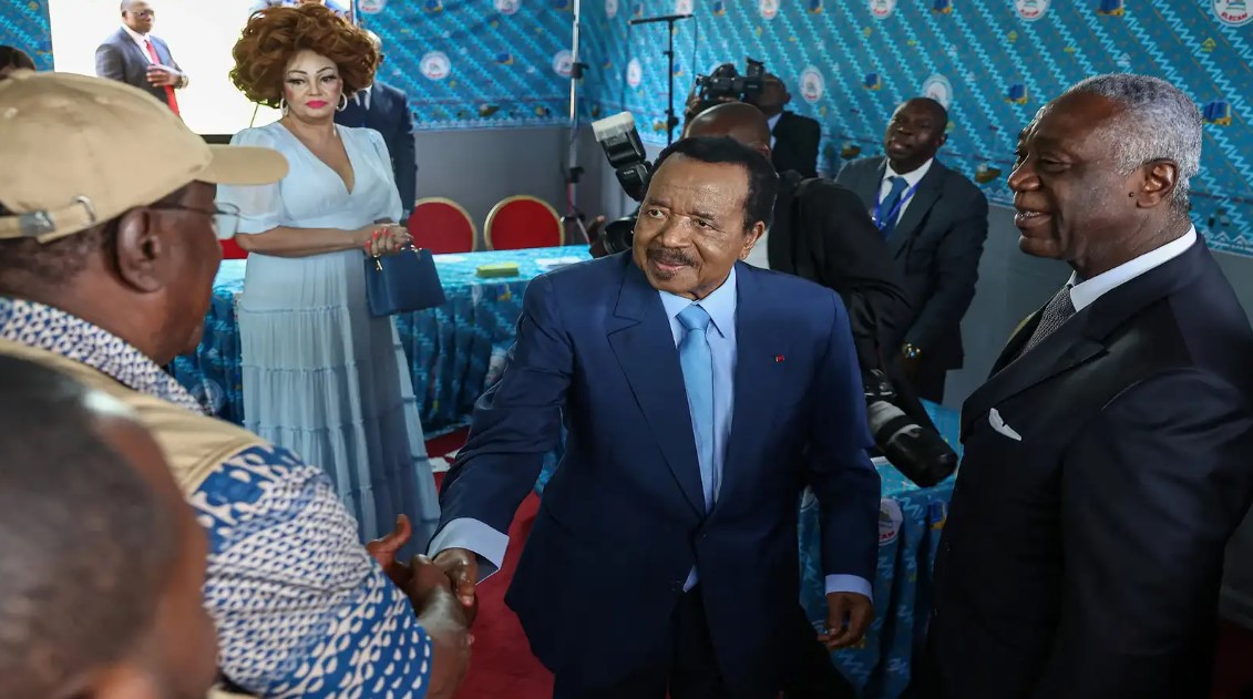 Cameroonian President Paul Biya, 92, casting his vote during the 2025 presidential election in Yaoundé, Cameroon.