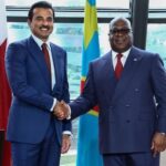 Qatari Emir Sheikh Tamim bin Hamad Al Thani meeting DRC President Felix Tshisekedi during an official visit in Kinshasa.