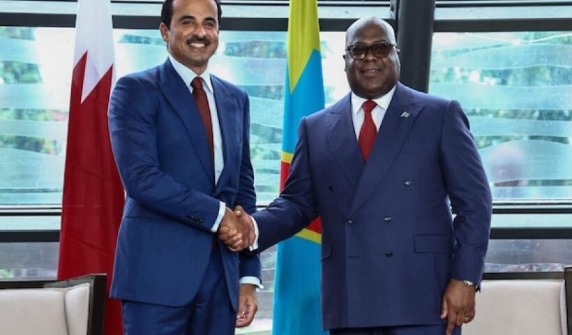 Qatari Emir Sheikh Tamim bin Hamad Al Thani meeting DRC President Felix Tshisekedi during an official visit in Kinshasa.