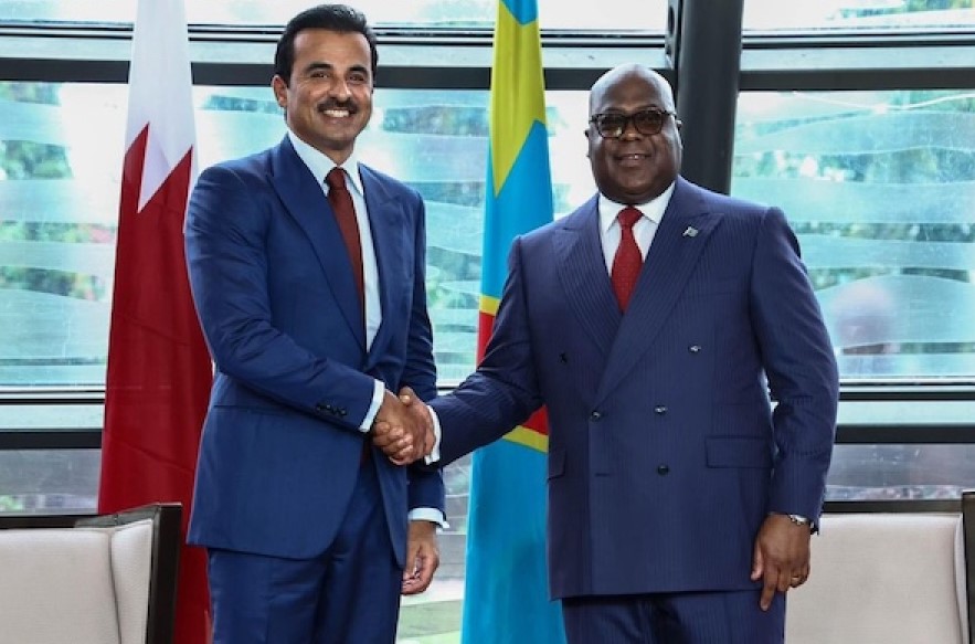 Qatari Emir Sheikh Tamim bin Hamad Al Thani meeting DRC President Felix Tshisekedi during an official visit in Kinshasa.
