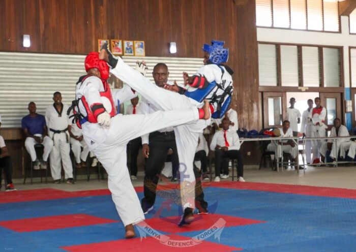 Kenya Navy officers participating in an Inter-Units Taekwondo Championship at KNB Mtongwe.