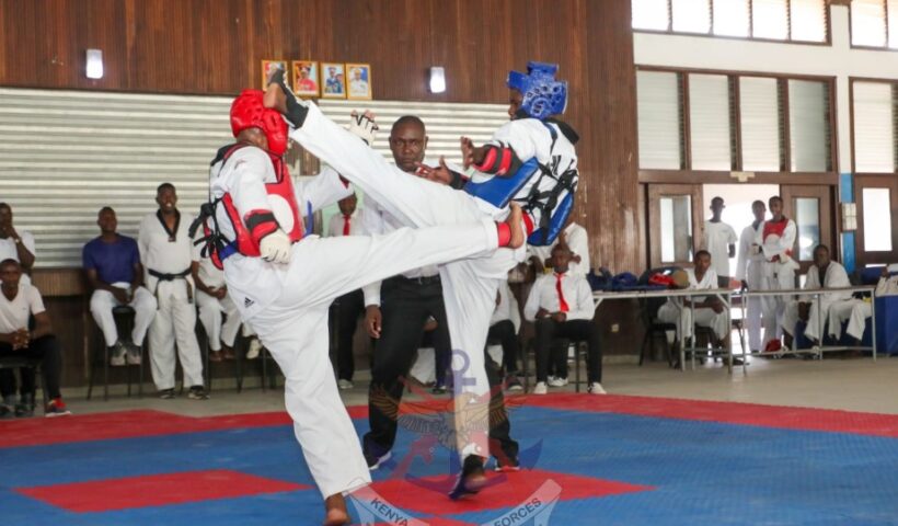 Kenya Navy officers participating in an Inter-Units Taekwondo Championship at KNB Mtongwe.