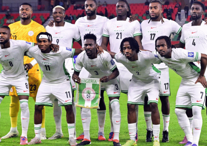 Nigeria Super Eagles players line up for a team photo before a World Cup qualifying match against DR Congo