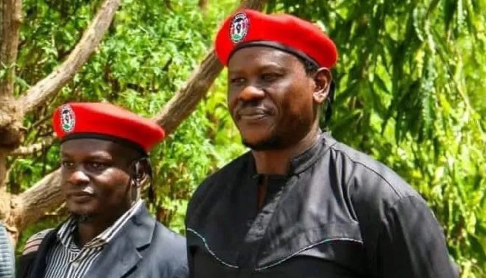 Kenyan activists Bob Njagi and Nicholas Oyoo raising their fists after returning to Nairobi following their secret detention in Uganda.