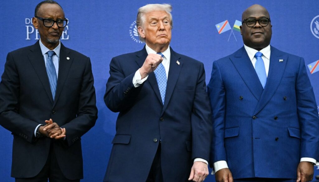 U.S. President Donald Trump’s name displayed on the United States Institute of Peace building sign in Washington, D.C., ahead of a Rwanda–Congo peace deal signing.