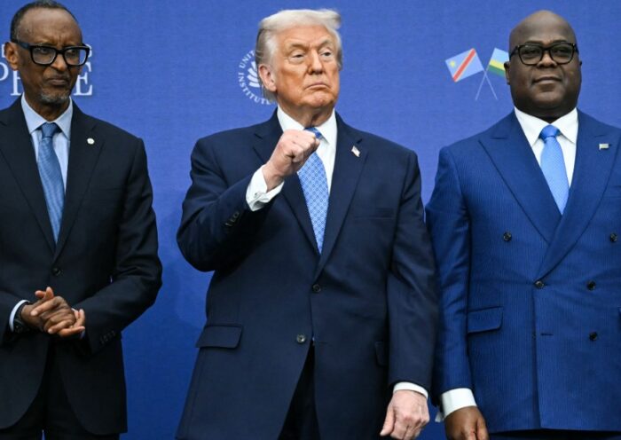 U.S. President Donald Trump’s name displayed on the United States Institute of Peace building sign in Washington, D.C., ahead of a Rwanda–Congo peace deal signing.