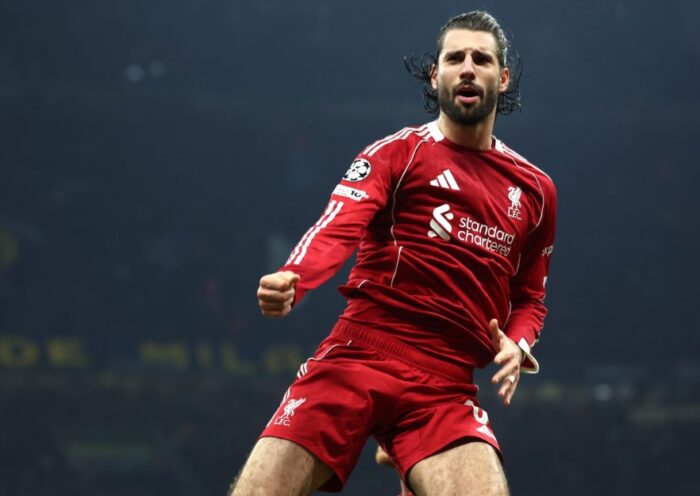 Dominik Szoboszlai celebrates after scoring Liverpool’s winning penalty against Inter Milan at the San Siro.