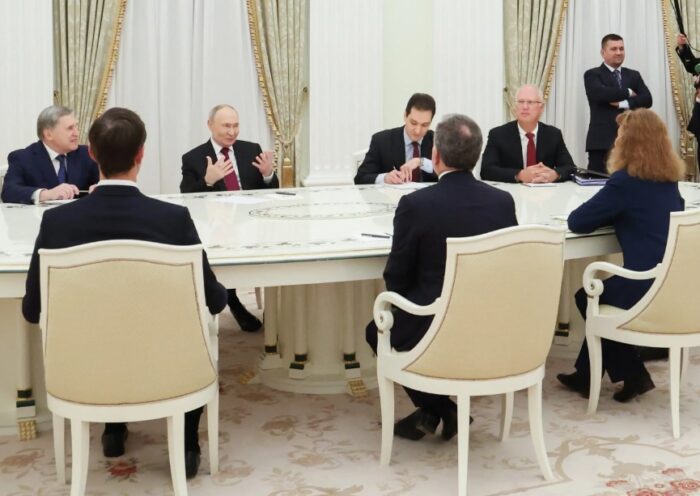 US Envoy Steve Witkoff and Jared Kushner meeting Russian President Vladimir Putin during peace talks in Moscow.