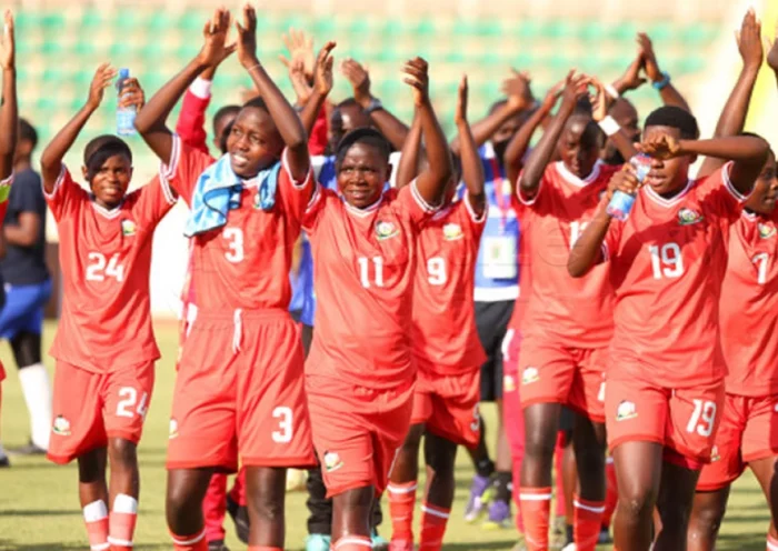 Kenya Rising Starlets players celebrate after scoring against Tanzania in a FIFA U-20 Women’s World Cup qualifier match.