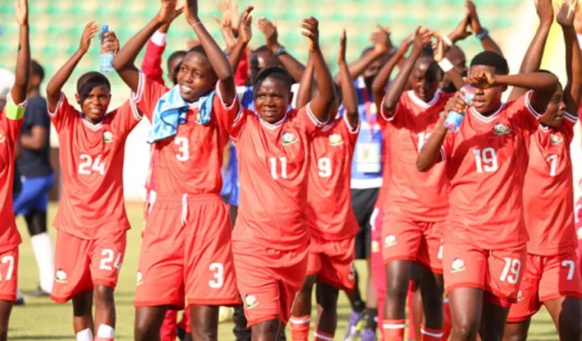 Kenya Rising Starlets players celebrate after scoring against Tanzania in a FIFA U-20 Women’s World Cup qualifier match.