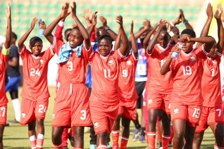 Kenya Rising Starlets players celebrate after scoring against Tanzania in a FIFA U-20 Women’s World Cup qualifier match.